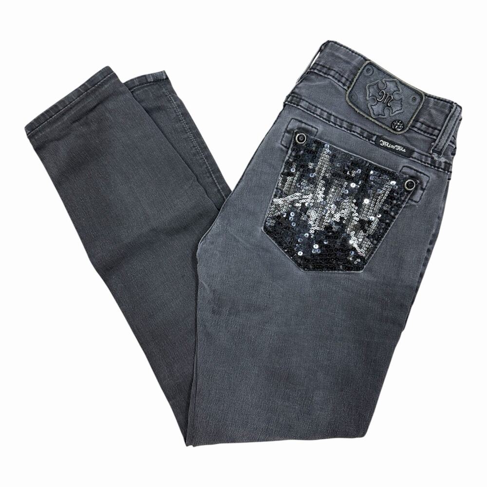 Miss Me Jeans Womens 27 Black Signature Straight Distressed Sequin Pockets Denim
